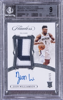 2019-20 Panini Flawless Vertical Patch Autographs RPA #22 Zion Williamson Signed Game Used Patch Rookie Card (#04/15) – BGS MINT 9/BGS 10